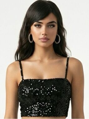 NIGHT LIGHTS | Vintage Fully Sequined Black Crop Top Tank Stretchy Women’s M